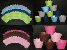 paper cupcake liners are lined up and placed on top of each other in different colors