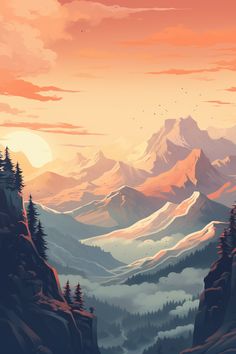 a mountain landscape with trees and mountains in the background at sunset or sunrise, digital painting style