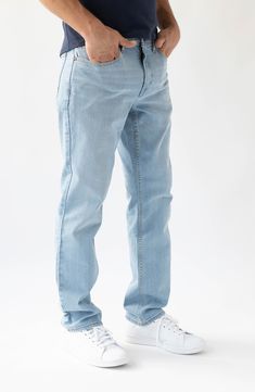 Slim but not tight, these light-wash straight-leg jeans are made with performance-stretch denim to give you all-day flexibility, comfort and shape retention. 15" leg opening; 10 1/2" front rise 98% cotton, 2% spandex Machine wash, tumble dry Imported Mens Light Wash Jeans, Loose Jeans Outfit, Jeans Outfit Men, Types Of Jeans, Dads Clothes, Guys Clothing Styles, Comfortable Jeans, Light Blue Jeans, Loose Jeans