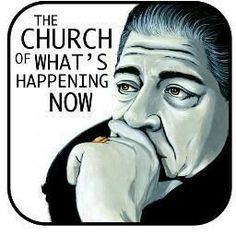 the church of what's happening now logo with an image of a man holding his hand to his face