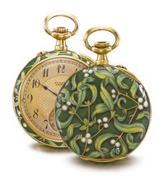 Plojoux, Genève   AN 18K YELLOW GOLD AND ENAMEL OPEN-FACED WATCH WITH MISTLETOE MOTIF CIRCA 1910   • jeweled gilt lever movement, signed and numbered cuvette • gilt dial with engine-turned center, Arabic numerals, blued steel hands, subsidiary seconds • champlevé enamel case with green and white mistletoe motif • dial and cuvette signed                                                                                                                 AN 18K YELLO... Old Pocket Watches, Antique Pocket Watch, Fob Watch, Pocket Watch Antique, Pendant Watches, Antique Watches, Antique Clocks