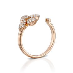 a gold ring with two diamonds on the top and bottom, set in 18k rose gold