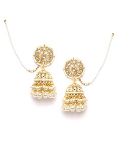 These gorgeous flower & dome shaped jhumki earrings come with kundan stone studs and off-white beaded danglers, are gold-plated, and secured with a post and back closure. Comes with beaded detachable ear chains. These handcrafted jhumkis can be styled with any traditional outfit, or an evening outfit to complete a dazzling look. Product color may vary based on the monitor or screen you are using.See FAQ for more details. Size Length of earring: 5.5 cmLength of ear chain: 10.5 cm Details Material Festive Dangling Beads Earrings For Reception, Traditional Dangling Beads Earrings For Reception, Gold Plated Dangle Jhumkas With Latkans, Gold Plated Jhumkas With Latkans, Kundan Jhumkas With Latkans For Reception, Kundan Danglers With Dangling Beads For Diwali, Dangle Jhumkas With Latkans For Reception, Temple Jewelry Chandbali Jhumkas With Dangling Beads, Festive Kundan Bridal Earrings With Dangling Beads