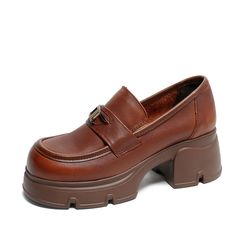 Gender: Women Type: Loafers Main Materials: Cowhide Insole: Pigskin Sole: Rubber Type of Closure: Slip-on Style: Daily, Casual, Retro Season: Spring, Autumn Heel Height: High (6 cm) Brown Square Toe Platform Loafers For Business, Leather Platform Loafers For Office, Brown Platform Oxfords For Fall, Brown Slip-on Loafers With Metal Feet, Trendy Leather Square Toe Platform Loafers, Trendy Leather Platform Loafers With Square Toe, Brown Square Toe Platform Loafers For Office, Brown Almond Toe Platform Loafers For Office, Brown Platform Loafers With Lug Sole For Business