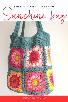 a crocheted bag with flowers on it and the title, free crochet pattern