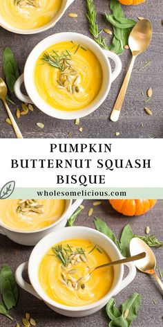 two bowls filled with pumpkin butternut squash bisque