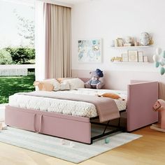 a child's bedroom decorated in pastel pink and white with toys on the bed