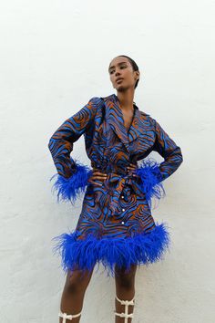 ANDREEVA | Blue Marilyn Jacket With Feathers Jacket With Feathers, Skirt With Feathers, Silhouette Mode, Ruffled Feathers, Modest Dresses Fashion, Feather Jacket, Fashion Silhouette, Handmade Knitwear, Pink Purple Blue