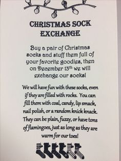 a christmas sock exchange poem written in black ink on a white paper with twinklings