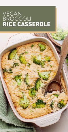 a casserole dish with broccoli and rice in it