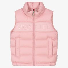 A pale pink puffer gilet for girls by Moncler Enfant, padded with warm and luxurious down. Water repellent, it is made in silky soft and lightweight fabric in a matt finish. There is a logo tab on the side seam, a branded front zip fastening and useful popper-closing pockets. The label's pink branding is embroidered across the front panel for instant designer awareness. It has a pack-away hood for added protection from wet weather. Coquette Stuff, Pink Branding, Puffer Gilet, Colour Theory, Fit Board Workouts, Kids Coats, Wet Weather, Water Repellent Fabric, Coat Design