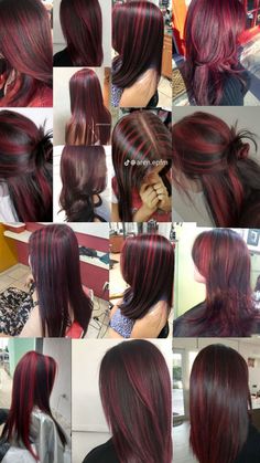 What To Do With Brown Hair, Breakup Hair Change, Skunk Hair Red, Red Aesthetic Hair, Red Hair On Brown Hair, Red Highlights In Black Hair, Different Ways To Dye Your Hair, Red Skunk Hair, Pretty Hair Color Ideas