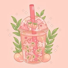 a pink drink with strawberries and leaves around it