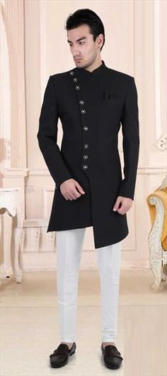 Black and Grey color IndoWestern Dress in Rayon fabric with Thread work Traditional Formal Cotton Dress, Traditional Cotton Dress For Formal Occasions, Formal Black Cotton Dress, Black Cotton Dress For Formal Occasions, Black Cotton Dress For Wedding, Black Fitted Dress For Ceremony, Indo Western Menswear, Sherwani Pakistani, Indowestern Dress