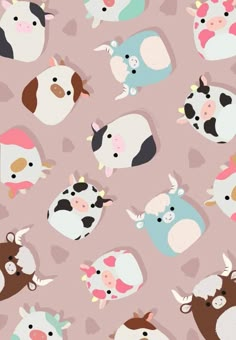 the pattern shows many different cows on a pink background