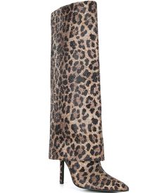 From Gianni Bini&#x2C; the Lizzie Leopard Print Rhinestone Foldover Tall Boots feature:Leopard printed satin and fabric upper with allover rhinestone embellishmentsPointed toe constructionFoldover pant leg detailFull inside zipper closureFabric lining4MM padded memory foam sockSynthetic outsoleApprox. 16.8" shaft heightApprox. 15.8" Standard calf shaft circumferenceApprox. 15.4" Narrow calf shaft circumferenceApprox. 17.6" Wid Leopard Costume, Leopard Print Boots, Trending Womens Shoes, Leopard Boots, 2025 Vision, Hot Shoes, Gianni Bini, Dillard's, Tall Boots