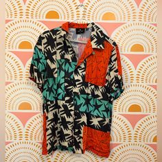 Never Worn! Cute As All Hell. Total #Bigbudpress Vibes And Perfect For The Colorful Wardrobe Of Your Dreams. Casual Collared Shirt With Vibrant Print, Casual Patterned Shirt With Vibrant Print, Casual Vibrant Print Patterned Shirt, Casual Patterned Shirt With Bold Print, Casual Shirt With Vibrant Pattern, Casual Green Tops With Bold Print, Casual Green Top With Bold Print, Casual Short Sleeve Shirt With Vibrant Print, Multicolor Collared Shirt With Tropical Print