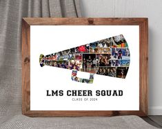 a wooden framed photo with the words lms cheer squad in black and white on it