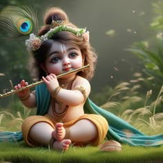 a baby sitting on the grass with a flute in her hand and wearing a peacock headdress