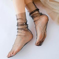 Feel Out Of This World. These Cute Socks Feature A Scrunched Sheer Tulle Fabric, Star/Moon Silver Glitter Accents, And An Over The Toe Style. Glitter Sheer Socks, Tulle Socks Loafers, Tulle Socks Pattern, Glitter Tulle Socks, Tulle Sock, Tulle Socks, Summer Sock, All Black Shoes, Mesh Socks