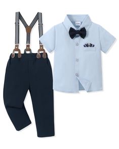 PRICES MAY VARY. High-Quality Fabric: Toddler suit is made of high-quality fabrics, soft and comfortable, breathable, does not irritate the baby's delicate skin. Perfect for spring, summer and fall. Fashion Design: The short-sleeved dress shirt with the matching bowtie, adds a touch of elegance. The suspender pants complete the look with their adjustable and detachable straps. This boys suit set makes your little boy look fashionable and exquisite, showcasing extraordinary quality and style. Occ