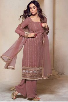 * Ethnic Motifs Embroidered Regular Thread Work Kurta with Palazzos & Dupatta Georgette Kurta Set / Silk Kurta Set / Pakistani Salwar Kameez / Indian Wedding Dress / Plus Size Cotton Dress / Traditional Indian Wear / Salwar Kameez Dupatta / Kurti Palazzo Set    * Pink & gold embroidered kurta with palazzos & dupatta * Kurta design:- * Ethnic motifs embroidered * Straight shape * Regular style * Square neck * Long, regular sleeves * Thread work detailed * Calf length length with straight hem * Ge Georgette Kurta, Malaika Arora, Beautiful Pakistani Dresses, A Line Kurta, Pakistani Salwar Kameez, Mauve Dress, Party Wear Indian Dresses, Straight Kurta, Georgette Fabric