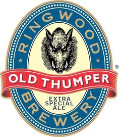 an old thumper beer label with a wolf's head on the front and red ribbon