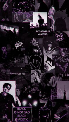 a collage of black and purple images