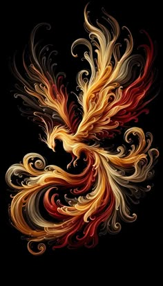 an abstract painting of a bird with red, yellow and orange feathers on black background