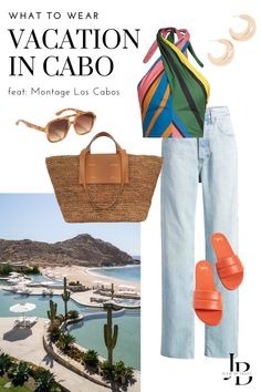 what to wear vacation in cabo with orange sandals and handbag on the beach