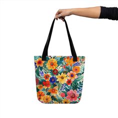 A trendy and spacious tote bag that's perfect for carrying all your essentials with style and comfort. Stay organized on the go and enjoy FREE SHIPPING to the US, Canada, EU, and UK. The artwork This artwork is a lively tribute to Spanish flora, showcasing a vibrant array of blooms native to the Iberian Peninsula. Rich oranges, deep reds, sunny yellows, and striking blues blend seamlessly with lush green foliage. Stylized brushstrokes and dynamic contrasts capture the warmth and cultural vibranc Artistic Summer Bags For Everyday Use, Large Multicolor Bags For Daily Use, Rectangular Floral Canvas Bag For Everyday Use, Floral Print Canvas Tote Bag For Everyday Use, Floral Print Tote Bag For Everyday Use, Artistic Tote Shoulder Bag For Daily Use, Daily Use Rectangular Bag With Floral Print, Rectangular Canvas Bag With Floral Print For Daily Use, Everyday Floral Print Canvas Bag