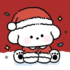 a drawing of a teddy bear wearing a santa hat and sitting in the snow with confetti all around