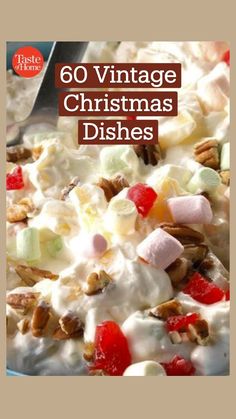 the cover of an old - fashioned christmas dish with nuts and other toppings on it