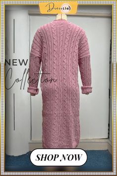 Solid Color Twist Sweater Long Cardigan with Pocket Casual Long Sleeve Pink Cardigan, Casual Pink Long Sleeve Cardigan, Cozy Long Sleeve Pink Cardigan, Pink Long Sleeve Cozy Cardigan, Trendy Pink Cable Knit Outerwear, Casual Long Pink Outerwear, Long Pink Casual Outerwear, Casual Long Cable Knit Outerwear, Oversized Pink Sweater Coat Long Sleeve