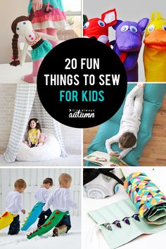 several different pictures with the words 20 fun things to sew for kids in them