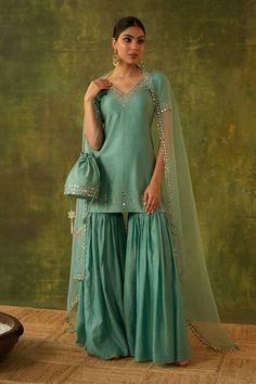 Aquamarine kurta with sequins and mirror hand embroidery. Comes with gharara, a dupatta and a potli. - Aza Fashions Sharara Set, Green Sequins, Embroidery Suits, Designs For Dresses, Punjabi Suits, Set For Women, Aza Fashion, Aquamarine, Hand Embroidered