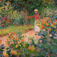 a painting of a woman in a garden surrounded by flowers