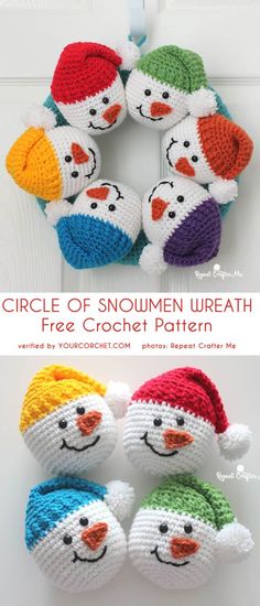 crocheted snowman wreath with four different colors on the front and back side