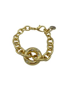 Bold Chain Bracelet with Crystal Accents Formal Gold-tone Metal Chain Bracelet, Gold-tone Chain Link Bracelets, Chic Metal Chain Bracelet For Formal Occasions, Gold-tone Chain Bracelets For Party, Party Gold-plated Chain Bracelet, Gold Metal Bracelets With Chain Strap, Gold Adjustable Bracelets With Chain Strap, Gold Adjustable Chain Strap Bracelets, Gold Adjustable Bracelet With Chain Strap