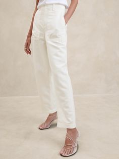 Mya Cotton-Linen Cargo Pant | Banana Republic Cream Straight Leg Cargo Pants With Patch Pockets, Linen Straight Leg Cargo Pants For Work, Workwear Linen Straight Leg Cargo Pants, Straight Leg Linen Cargo Pants For Work, Chic White Pants With Cargo Pockets, Chic White Cargo Pants, Cream Cotton Cargo Pants For Work, Linen Cargo Pants For Work, Linen Cargo Pants With Patch Pockets And Tapered Leg