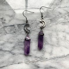 Anything with moons is cool in my book...and these crescent moon earrings make it so hard to choose just one pair! Snakes or pentagrams? Metals Type: zinc Alloy Stone: Amethyst crystal (Select pairs) Black Onyx Hoop Earrings, Goth Witch, Mystical Jewelry, Witch Jewelry, Crystal Hoop Earrings, Purple Stones, Beaded Dangle Earrings, Jewelry Women, Moon Earrings