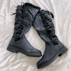 These Black Boots Are Faux Leather With A Soft Lining. They Zip Up The Back And Have Lace Detailing. They Stand About 19” Tall And They Are Brand New From A Boutique. Casual Lace-up Boots With Faux Fur Trim, Casual Winter Faux Leather Lace-up Boots, Winter High-top Synthetic Lace-up Boots, Black High-top Boots With Faux Fur Lining, Winter Synthetic High-top Lace-up Boots, Fall Lace-up Boots With Faux Fur Trim, Casual Synthetic Lace-up Boots For Winter, Synthetic Boots With Faux Fur Trim For Fall, Fall Boots With Faux Fur Trim And Synthetic Material