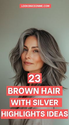 Give your brown hair a glamorous makeover with subtle silver highlights! This look is perfect for adding brightness and a little sparkle, blending beautifully for a chic, high-fashion look. #BrownAndSilver #HairGoals Cool Grey Hairstyles, Grey Blonde Highlights On Brown Hair, Naturally Grey Hair Transition, Greige Hair Color Brown, Blending Grey With Brown Hair, Natural Grey Balayage, Hair Colors For Blending Gray, White Silver Highlights, Grey Blonde Brown Hair