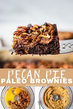 ooey gooey brownie topped with a pecan pie coating. There is a scoop of ice cream on top as well Pie Filling Uses, Chocolate Pecan Pie Gluten Free, Healthier Pecan Pie, Paleo Chocolate Pecan Pie, Vegan Gluten Free Pecan Pie, Gf Df Pecan Pie, Paleo Pecan Pie, Gooey Pecan Pie, Healthy Paleo Desserts