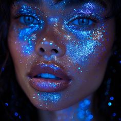 Makeup look where the eyes are adorned with shades of blue Space Makeup Aesthetic, Blue Goddess Aesthetic, Oil Spill Makeup, Blue Heart Makeup, Stars On Face, Blue And Orange Makeup, Night Sky Makeup, Space Makeup Looks, Ghostly Makeup