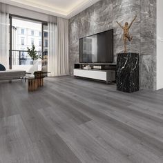 a living room with wood flooring and grey marble wallpaper, along with a large tv