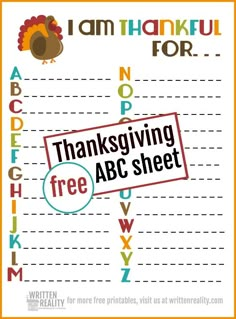 a thanksgiving printable sheet with the words, i am thank for you and a turkey on