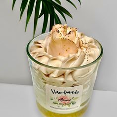 a glass container filled with whipped cream on top of a table next to a plant