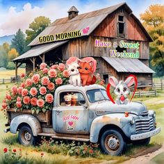 a painting of an old truck with flowers in the bed and two animals on top