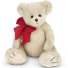 a white teddy bear with a red ribbon around its neck and paws, sitting on a white background